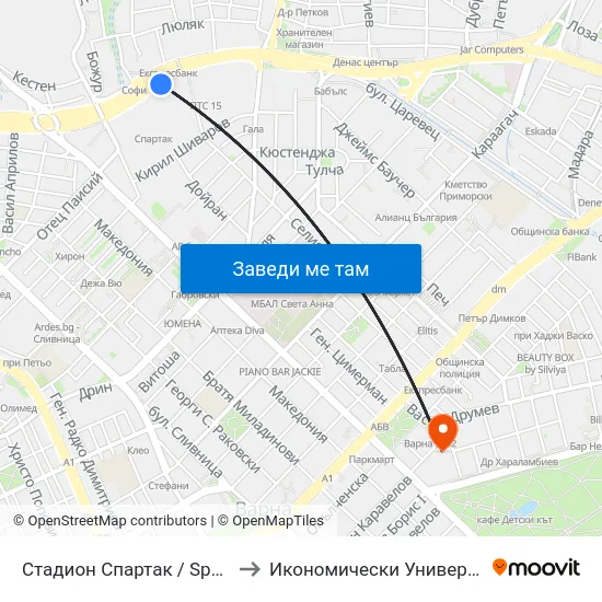 Стадион Спартак / Spartak Stadium to Икономически Университет - Варна map