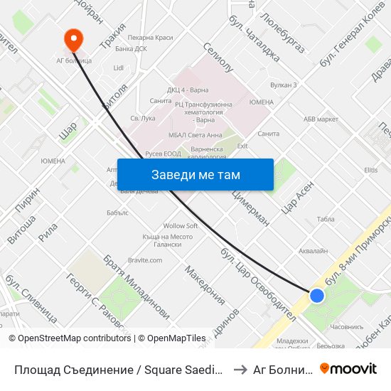 Площад Съединение / Square Saedinenie to Аг Болница map