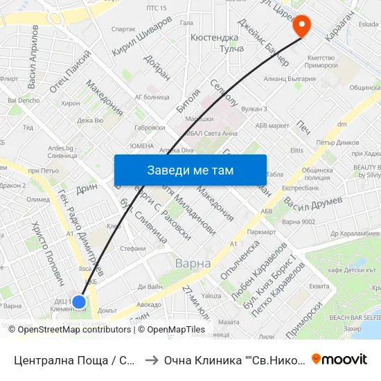 Централна Поща / Central Post Office to Очна Клиника ""Св.Николай Чудотворец"" map