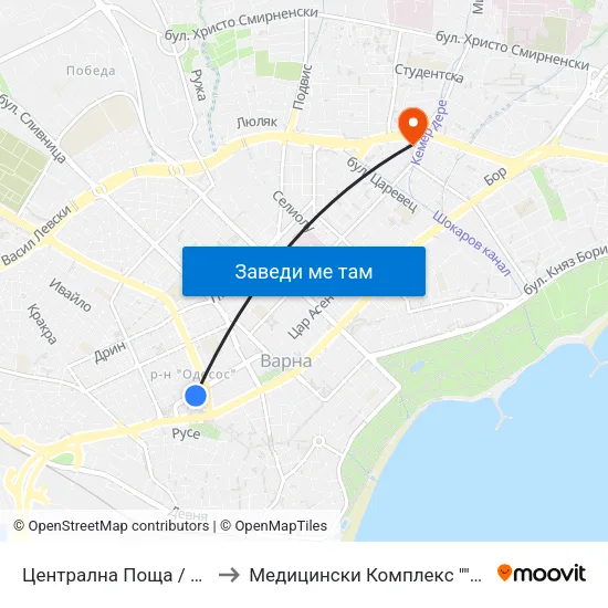 Централна Поща / Central Post Office to Медицински Комплекс ""Майчин Дом"" - Варна map