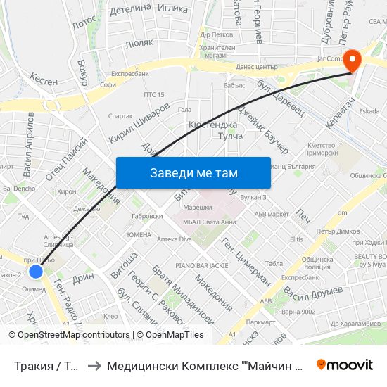 Тракия / Trakiya to Медицински Комплекс ""Майчин Дом"" - Варна map