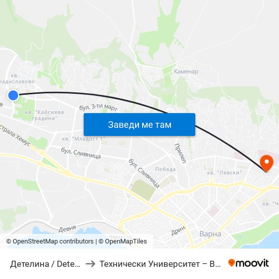 Детелина / Detelina to Технически Университет – Варна map