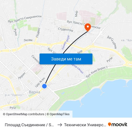 Площад Съединение / Saedinenie Square to Технически Университет – Варна map