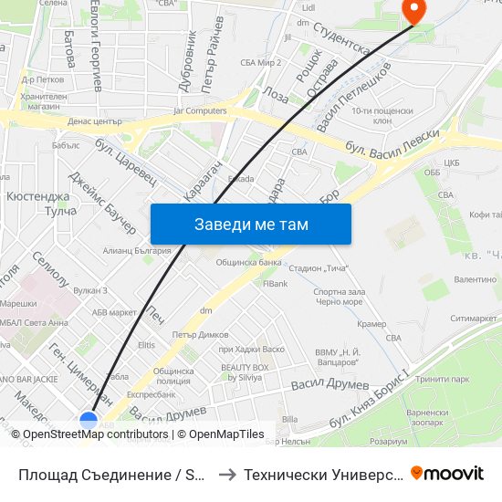 Площад Съединение / Saedinenie Square to Технически Университет – Варна map