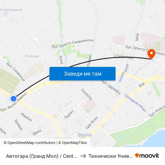 Автогара (Гранд Мол) / Central Bus Station (Grand Mall) to Технически Университет – Варна map