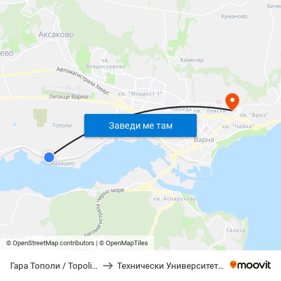 Гара Тополи / Topoli Station to Технически Университет – Варна map