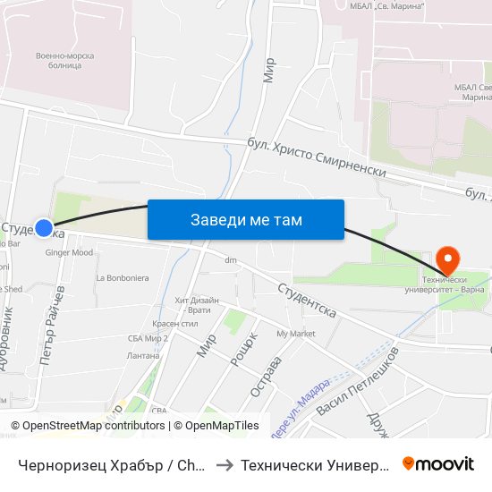 Черноризец Храбър / Chernorizets Hrabar to Технически Университет – Варна map