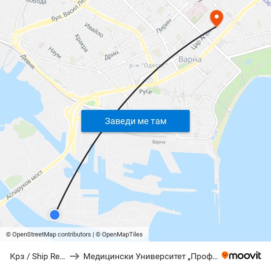 Крз / Ship Repair Factory to Медицински Университет „Проф. Д-Р Параскев Стоянов“ map