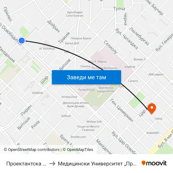 Проектантска / Proektantska to Медицински Университет „Проф. Д-Р Параскев Стоянов“ map