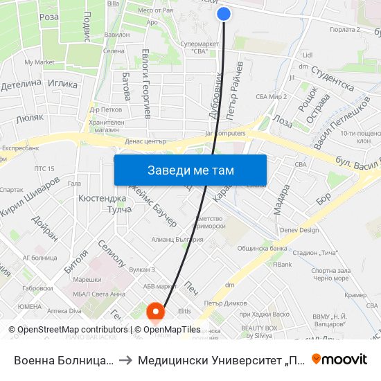 Военна Болница / Military Hospital to Медицински Университет „Проф. Д-Р Параскев Стоянов“ map
