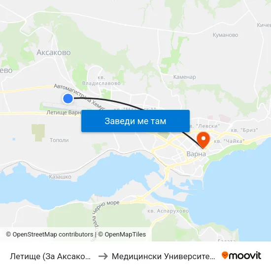 Летище  (За Аксаково) / Airport (For Aksakovo) to Медицински Университет „Проф. Д-Р Параскев Стоянов“ map