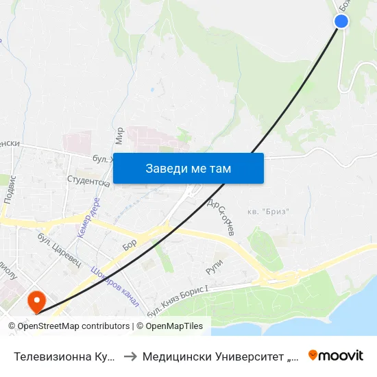 Телевизионна Кула / Television Tower to Медицински Университет „Проф. Д-Р Параскев Стоянов“ map