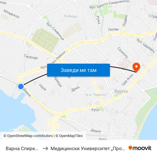 Варна Спирка / Varna Stop to Медицински Университет „Проф. Д-Р Параскев Стоянов“ map