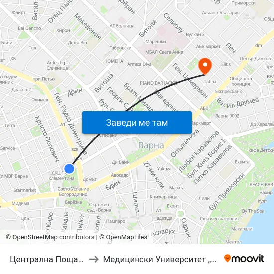 Централна Поща / Central Post Office to Медицински Университет „Проф. Д-Р Параскев Стоянов“ map