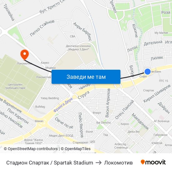 Стадион Спартак / Spartak Stadium to Локомотив map