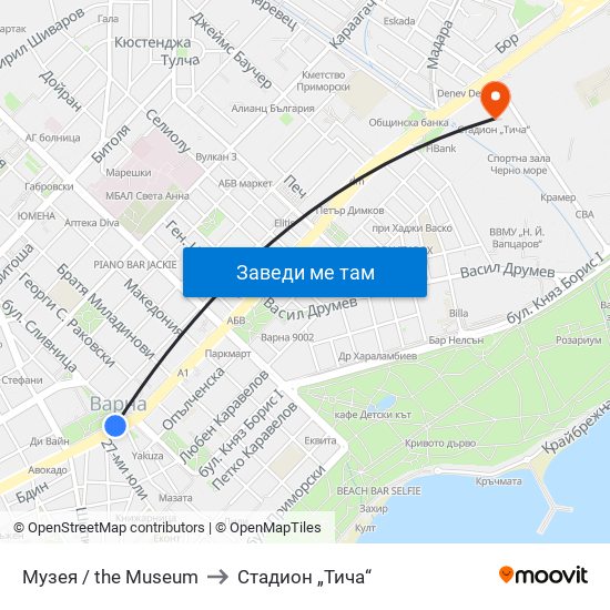 Музея / the Museum to Стадион „Тича“ map