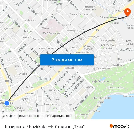 Козирката / Kozirkata to Стадион „Тича“ map