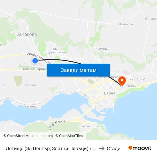 Летище  (За Център, Златни Пясъци) / Airport  (For Center, Golden Sands) to Стадион „Тича“ map