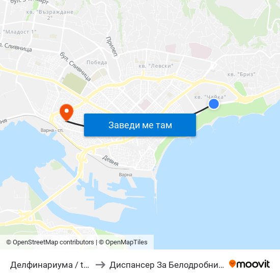 Делфинариума / the Dolphinarium to Диспансер За Белодробни Заболявания Варна map