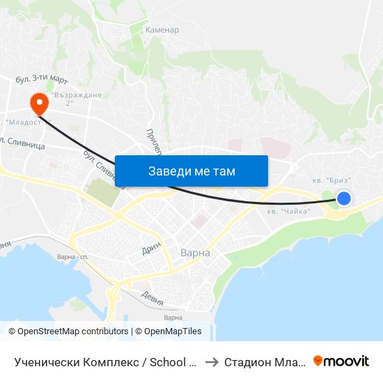 Ученически Комплекс / School Complex to Стадион Младост map