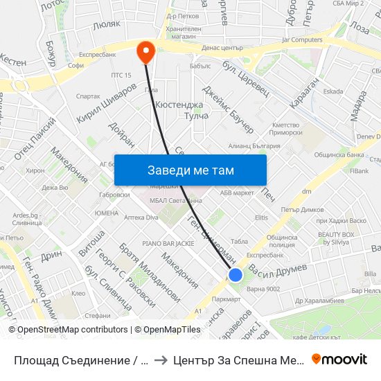 Площад Съединение / Square Saedinenie to Център За Спешна Медицинска Помощ map