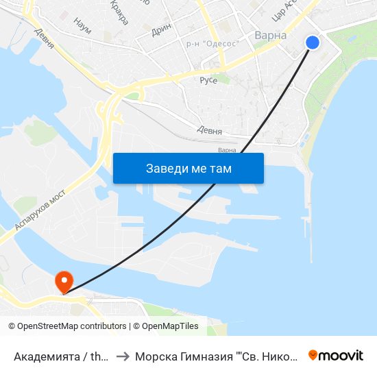 Академията / the Academy to Морска Гимназия ""Св. Николай Чудотворец"" map