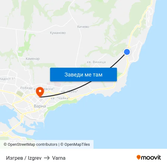 Изгрев / Izgrev to Varna map