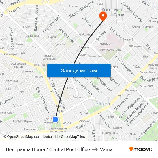 Централна Поща / Central Post Office to Varna map