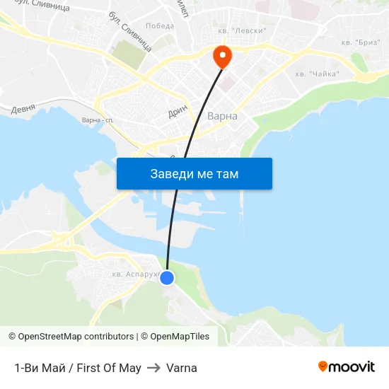 1-Ви Май / First Of May to Varna map