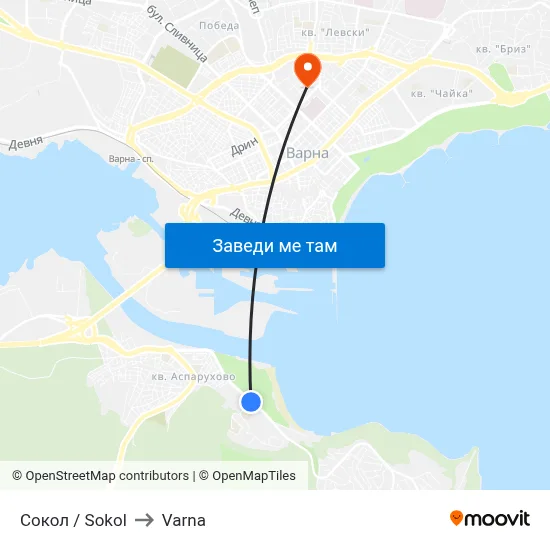 Сокол / Sokol to Varna map