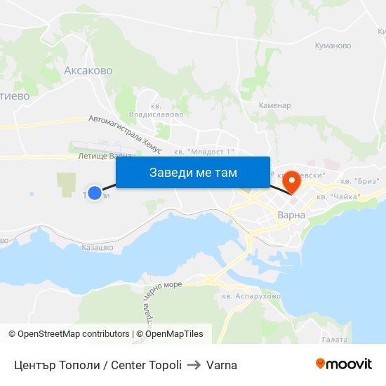 Център Тополи / Center Topoli to Varna map