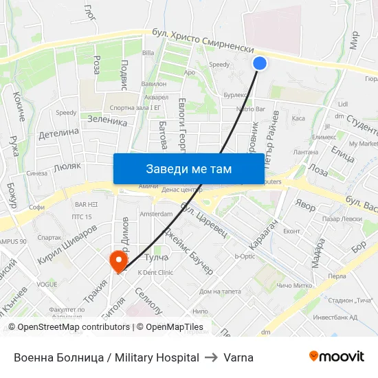 Военна Болница / Military Hospital to Varna map
