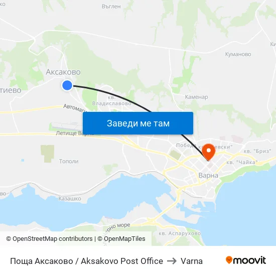 Поща Аксаково / Aksakovo Post Office to Varna map