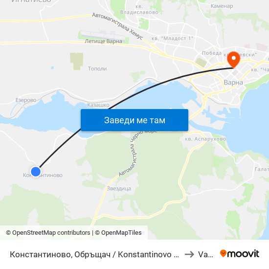 Константиново, Обръщач / Konstantinovo (Turn Spot) to Varna map