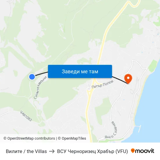 Вилите / the Villas to ВСУ Черноризец Храбър (VFU) map