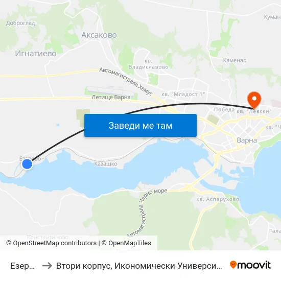 Езерово to Втори корпус, Икономически Университет - Варна map