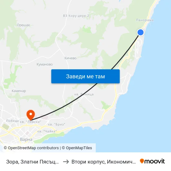 Зора, Златни Пясъци / Zora, Golden Sands to Втори корпус, Икономически Университет - Варна map