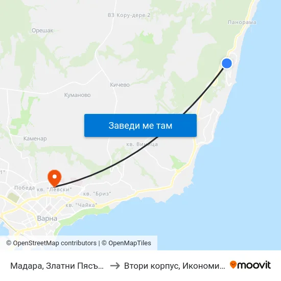 Мадара, Златни Пясъци / Madara, Golden Sands to Втори корпус, Икономически Университет - Варна map