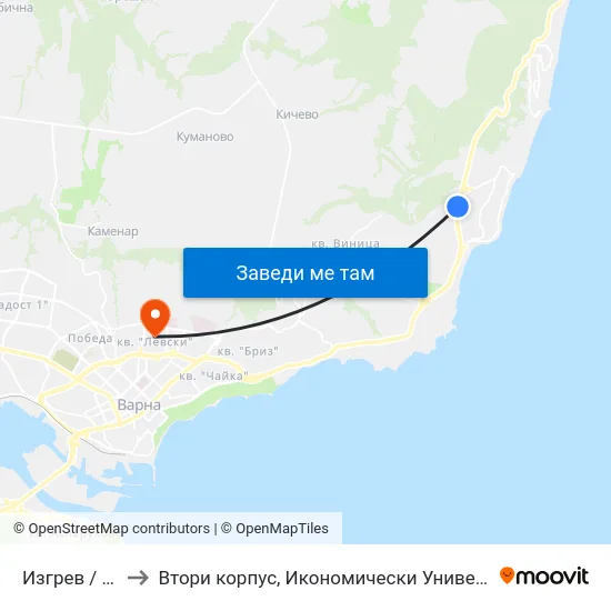 Изгрев / Izgrev to Втори корпус, Икономически Университет - Варна map