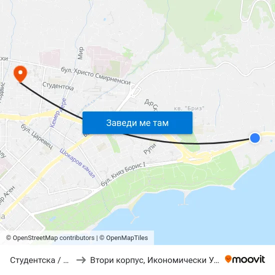 Студентска / Studentska to Втори корпус, Икономически Университет - Варна map