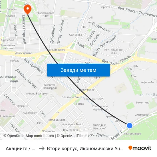 Акациите / Akatsiite to Втори корпус, Икономически Университет - Варна map
