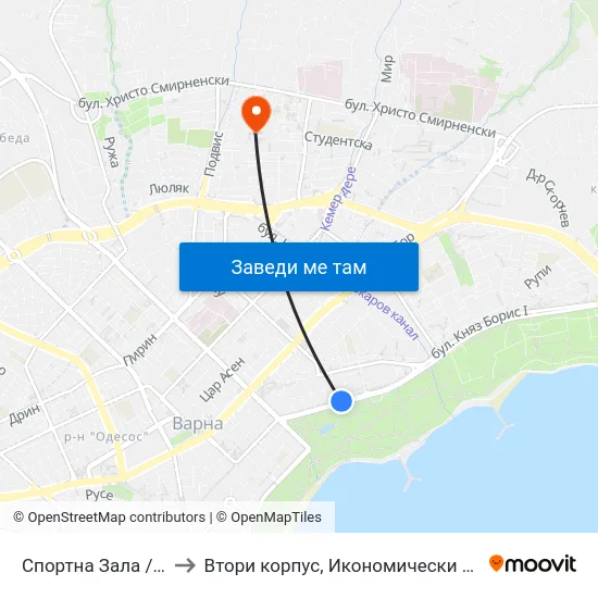 Спортна Зала / Sports Hall to Втори корпус, Икономически Университет - Варна map