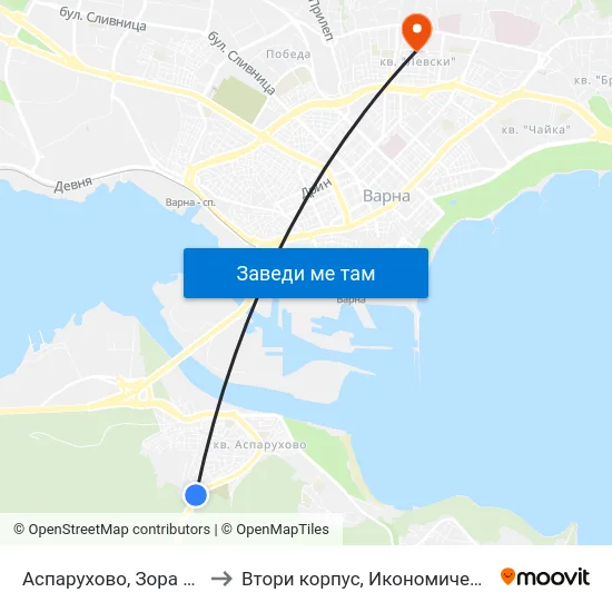 Аспарухово, Зора / Asparuhovo, Zora to Втори корпус, Икономически Университет - Варна map