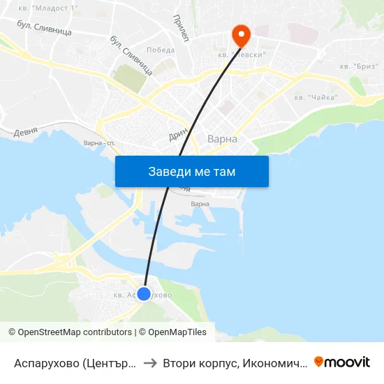 Аспарухово (Център) / Asparuhovo (Center) to Втори корпус, Икономически Университет - Варна map