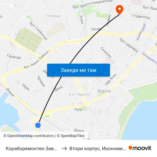 Кораборемонтен Завод (К.З.) / Ship Repair Plant to Втори корпус, Икономически Университет - Варна map