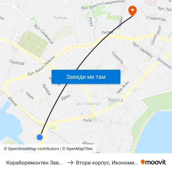 Кораборемонтен Завод (К.З.) / Ship Repair Plant to Втори корпус, Икономически Университет - Варна map