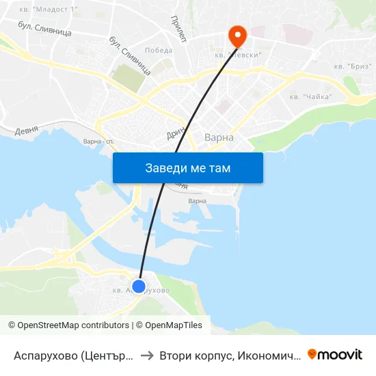 Аспарухово (Център) / Asparuhovo (Center) to Втори корпус, Икономически Университет - Варна map