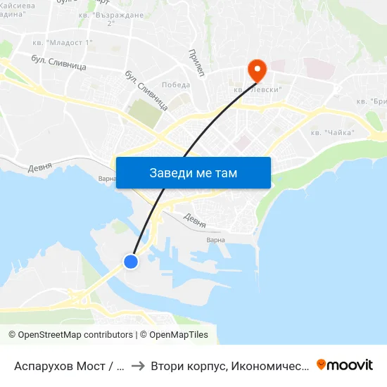 Аспарухов Мост / Asparuhov Bridge to Втори корпус, Икономически Университет - Варна map