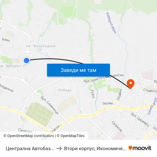 Централна Автобаза / Central Autobase to Втори корпус, Икономически Университет - Варна map