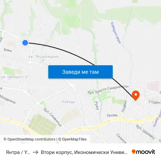 Янтра / Yantra to Втори корпус, Икономически Университет - Варна map
